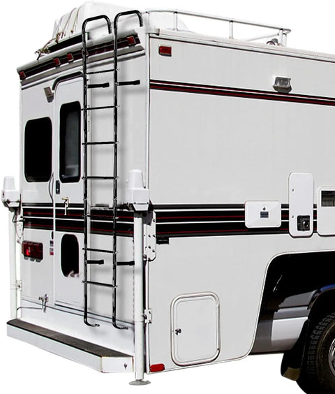 Premium Aluminum Exterior RV Ladder 7 Step For Travel Trailers Universal Outdoor Ladder Lightweight Yet Heavy Duty Rust Resistant Easy Install Supports Up To 250 Pounds mounted on rear of white RV