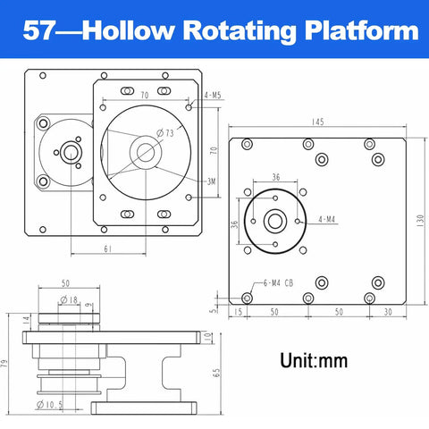57mm Hollow Rotary Platform dimensions diagram for Knockout Precision Hollow Rotary Actuator Designed For 42Mm And 57Mm Stepper Motors.