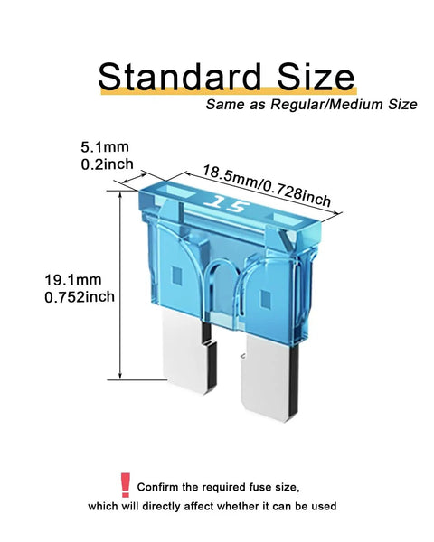Diagram of 20 Pack 15A Automotive Blade Fuses For RV, Truck, SUV with measurements and clear housing.