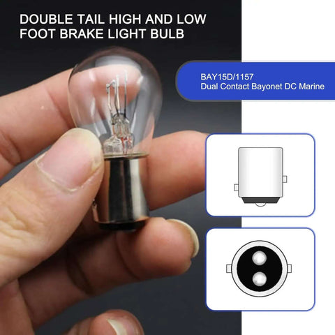 Plug N Play 1157 Bay15D P21 5W S25 High And Low Beam Halogen Brake Light showcased in hand with diagram details.