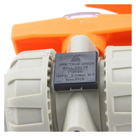 Top Tier Double True Union Ball Valve For Heavy Duty Industrial Water Pipe And Plumbing Hose Connector Hassle Free Shut Off Fitting Easy Grip Handle 20 To 50 Mm close-up showing valve specifications and handle.