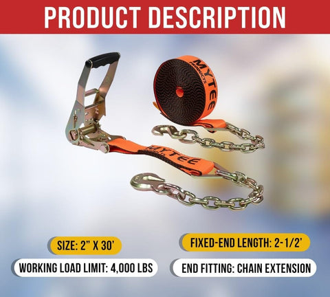 4 Pack 2 Inch Orange Ratchet Straps With Chain Anchors 4000 Lbs WLL Heavy Duty Cargo Tie Downs for Flatbeds Trucks Trailers Pickups
