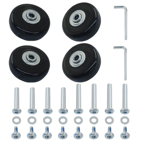 Premium Top Shelf Heavy Duty Rubber Luggage Replacement Wheels 50X18Mm 4 Pack includes wheels, metal axles and screws for suitcase repair.