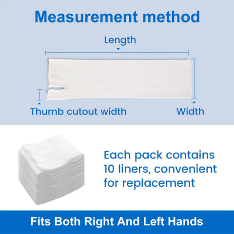 Breathable Stockinette Hand Tubing For Wrist Braces And Thumb Spica Liners, stack of 10 liners with measurement details.