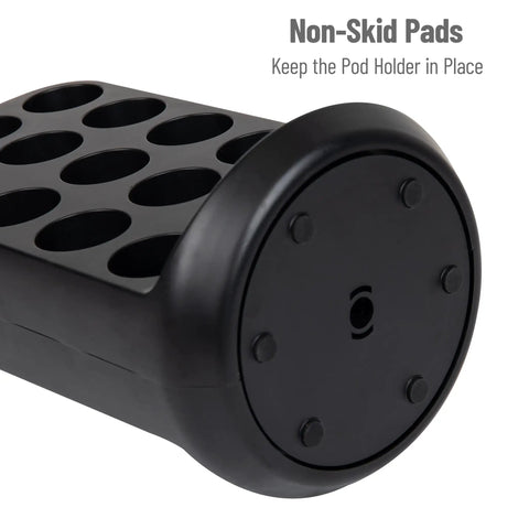 Base of 30 Pod Capacity Single Serve Coffee Pod Storage, Countertop Carousel Organizer In Black showing non-skid pads.