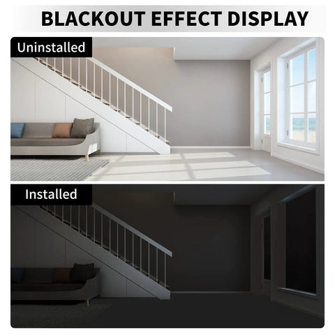 Portable 100 Percent Blackout Window Curtain Shade For Bedroom And Living Room Light Blocking Drapes That Darken Rooms Silver Insulated Back Reflects Heat Black And Silver effect shown in living room with and without curtains installed.
