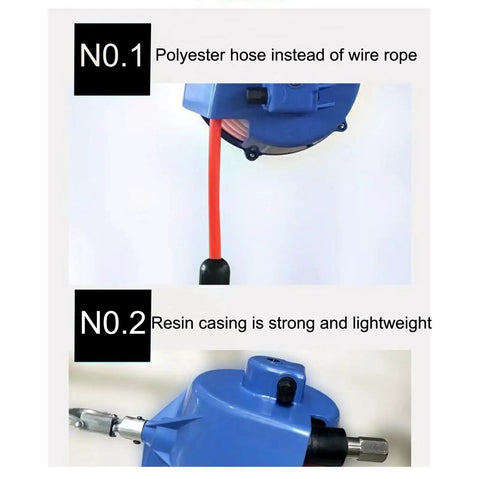 Retractable Spring Balancer Tool Holder With 1.3m Reach, Hook, And Air Tube Adjustable Suspension For Assembly Lines Blue keeps tools off floor