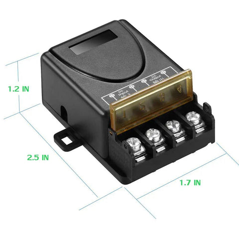 High Power Wireless Remote Relay Switch For 12V And 24V Systems With 40A Load, compact black module, 2.5x1.7x1.2 inches