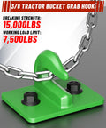 Three Eighths Inch Tractor Bucket Grab Hook Set With Backer Plate, Grade 70 Forged Steel, Green, shown bolted on surface.