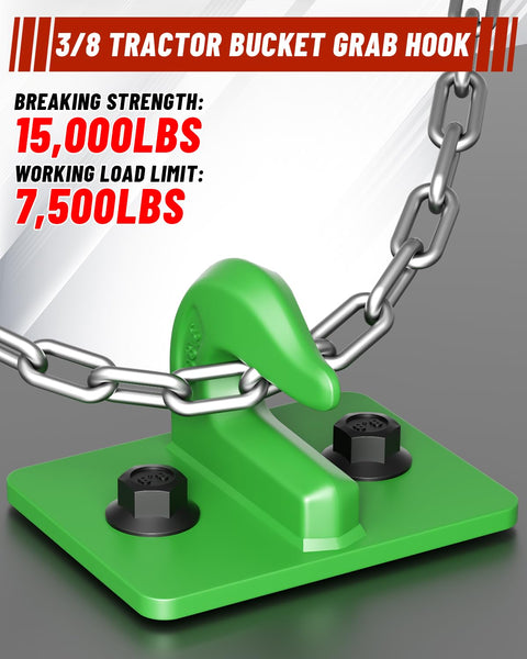 Three Eighths Inch Tractor Bucket Grab Hook Set With Backer Plate, Grade 70 Forged Steel, Green, shown bolted on surface.