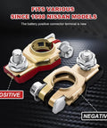 Pure Copper Battery Terminal Connectors Two Pack Heavy Duty Wiring Lugs showing positive and negative terminals for Nissan models.