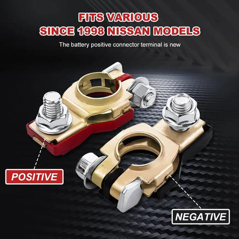 Pure Copper Battery Terminal Connectors Two Pack Heavy Duty Wiring Lugs showing positive and negative terminals for Nissan models.