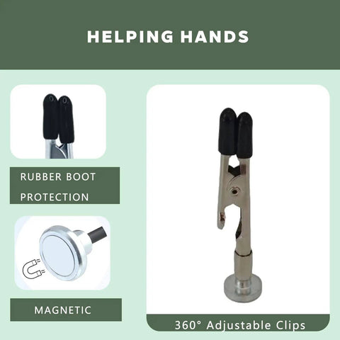 Soldering Wire Holder Go To Four Arm Helping Hands Tool With Magnetic Base and 360 Degree Rotatable Arms, close-up view.