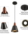 Top Tier Black Pendant Lights Set Of Two Slick Wooden Dome Fixtures For Kitchen Island Or Rustic Barn showing wood veneer and iron lampshade details.