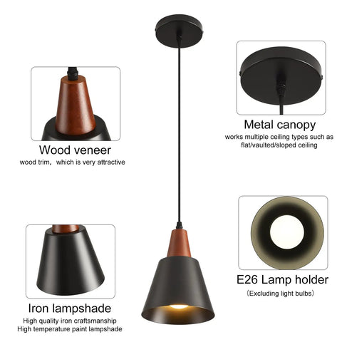 Top Tier Black Pendant Lights Set Of Two Slick Wooden Dome Fixtures For Kitchen Island Or Rustic Barn showing wood veneer and iron lampshade details.
