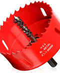 Front view of red 3 3/8 in (86 mm) HSS bi-metal hole saw with central pilot bit
