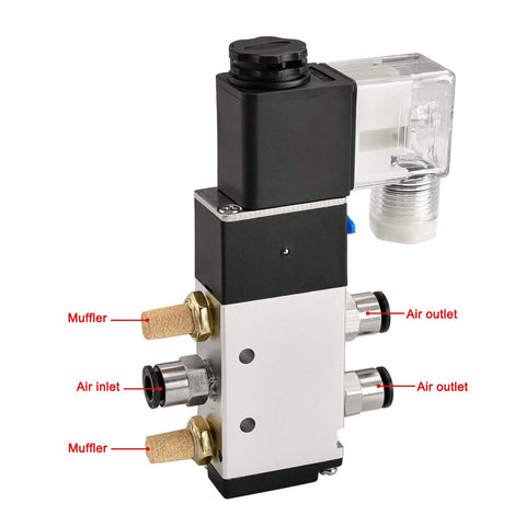 Electric Pneumatic Solenoid Valve 5 Way 2 Position, 220 VAC, with mufflers and air inlet/output, 4V210-06 compatible.