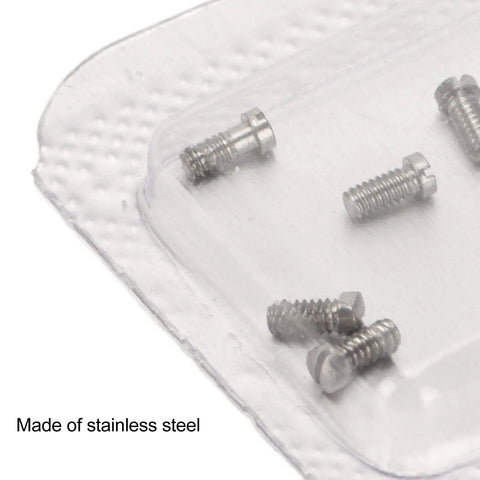 Close-up view of Straight Up Stainless Steel Micro Watch Repair Screws Eight Piece Kit in clear box, showcasing durable stainless steel.