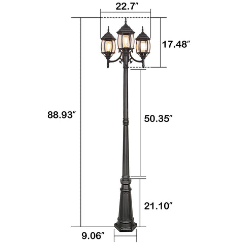 Outdoor Black Three Headed Post Light For Patio Ideal For Porch Or Garden Weather Resistant Aluminum Lantern E26 Base Bulbs Not Included Stands 7.1 Feet Tall By 1.8 Feet Wide Durable And Stylish with measurement details shown