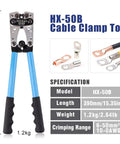 Beefy Heavy Duty Battery Cable Lug Crimping Tool With Rotating Dies For AWG Ten To One Zero, HX-50B specifications and lugs