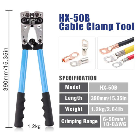 Beefy Heavy Duty Battery Cable Lug Crimping Tool With Rotating Dies For AWG Ten To One Zero, HX-50B specifications and lugs