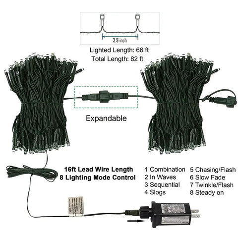 Patriotic 200 LED 66Ft Fairy String Lights With 8 Lighting Modes, expandable feature, showing 16ft lead wire and modes list