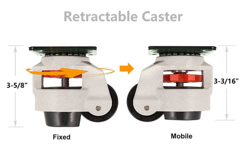 Built Tough Heavy Duty Leveling Casters Set Of 4 Retractable Machine Wheels With Firm Adjustable Feet For Industrial Equipment That Handles Up To 2400 Lbs Per Caster With Zero Wiggle Room So You Can Mount And Roll Your Setup Flawlessly showing fixed and mobile retractable caster features.