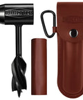 Close-up of Bushcraft Hand Auger Wrench For Survival And Camping with leather case, including drill bit and handle, made from hardened steel.