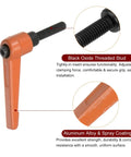 Side view of Four Pack Adjustable Clamping Lever Handles M6 25mm Thread 50mm Lever in orange aluminum with black oxide stud