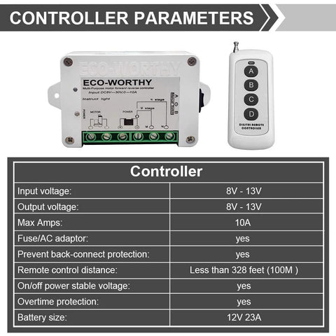 Front view of ECO-WORTHY forward/reverse DC motor controller kit with 4-button remote and green terminal block
