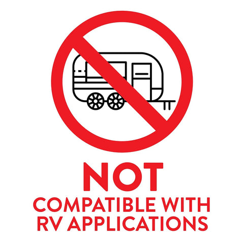 Image indicating NOT COMPATIBLE WITH RV APPLICATIONS, featuring a trailer icon and no symbol.