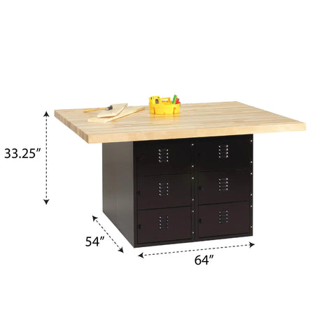 No Fuss Heavy Duty Steel Locker Workbench With Hardwood Top, 12 Ventilated Compartments, Padlock Hasps, 20 Gauge Reinforced Frame, Dang Sturdy Storage For Classrooms Or Home Shops, USA Made with a maple top and lockers.