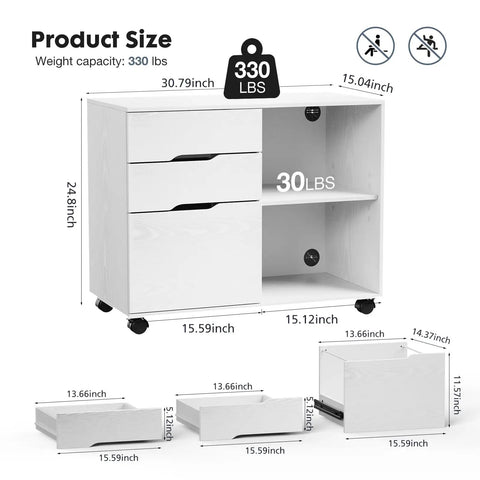 Lateral File Cabinet With Rolling Drawers, Three Drawer Under Desk Storage Printer Stand, Wood Organizer With Wheels, Adjustable Shelf For Office And Home In Small Spaces, White showing dimensions and load capacity of 330 lbs