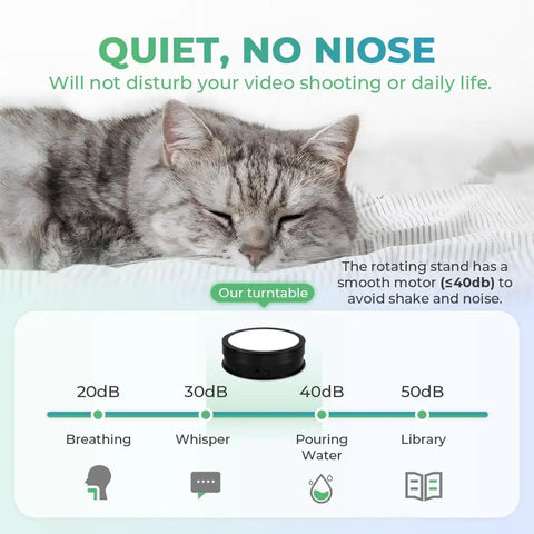 Flyrivergo 7.9Inch Rotating Display Stand With Led Light near a sleeping cat, showcasing its quiet operation for videos.