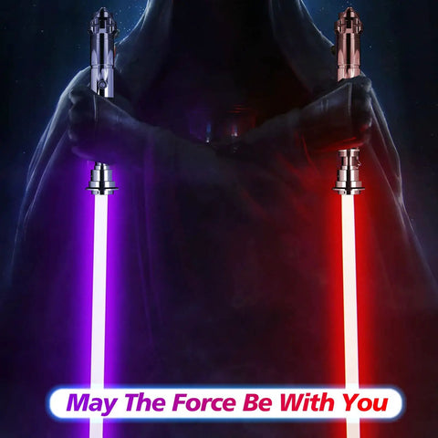 12 Color Changeable LED Light Saber With 10 Motion Sensitive Sound Effects, featuring purple and red blades