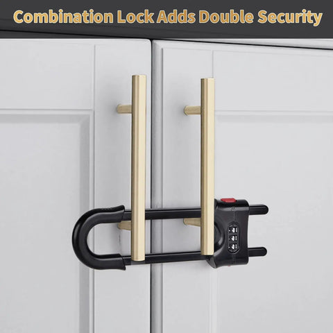 Four Pack Heavy Duty U Shape Cabinet Locks With Adjustable Password Latches Keep The Kiddos Out Of Drawers And Cupboards Adult Friendly No Fuss Safety Guards For Fridges And Closets Easy Install In Black on cabinet with gold handles.