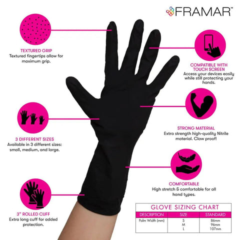 Powder Free Nitrile Gloves 12 Inch Pro Grade Extra Durable Black Disposable Latex Free with textured grip and sizing chart