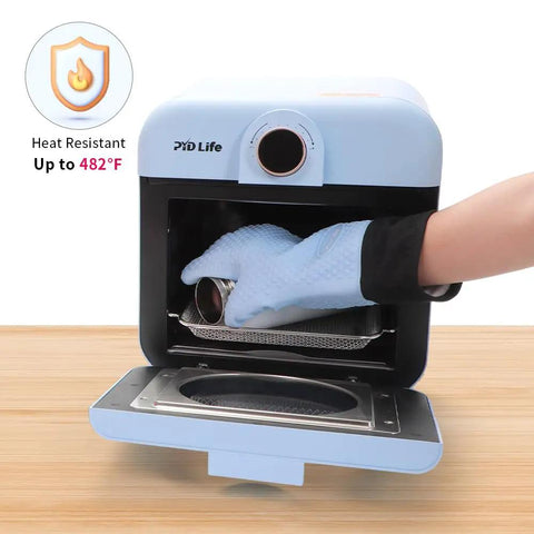 Top Shelf Heat Resistant Silicone Gloves For Sublimation Printing Non Slip Cotton Lined 2 Pack Blue insulated gloves in use for handling a tumbler.