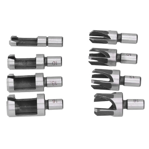 Heavy Duty 8 Piece Carbon Steel Wood Plug Drill Bit Set With Hella Sharp Spiral Hole Cutters, 6-16 mm sizes, for furniture repair.