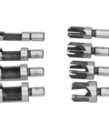 Rugged Carbon Steel Wood Plug Drill Bit Cutter Set With Spiral Claw Design Eight Piece Kit showing various drill bits for woodworking.