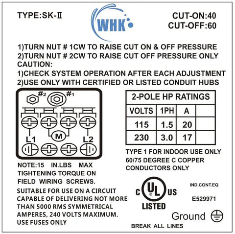 Well Water Pressure Switch For Pump 40 To 60 PSI Auto Electrical Control Adjustable Differential One Quarter Inch Female NPT label