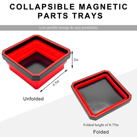 Unfolded and folded views of Must Have Collapsible Magnetic Parts Tray With Double Sided Magnetic Base Four Point Five Inch Silicone Bowls