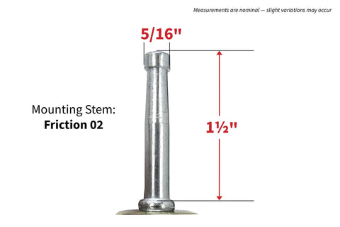 Brown Wood Wheel Stem Casters Set Of Two With Friction Mount For Lightweight Furniture, illustrated with 5/16" stem width, 1-1/2" stem height shown.