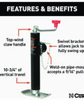 Trailer tongue jack, CURT 25006 weld-on pipe-mount swivel with red hand crank, 5,000 lb capacity