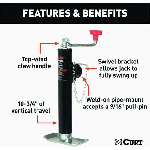 Trailer tongue jack, CURT 25006 weld-on pipe-mount swivel with red hand crank, 5,000 lb capacity