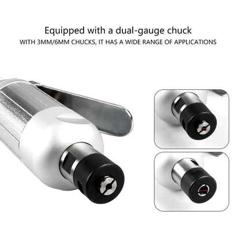 Badass Quarter Inch Pneumatic Air Die Grinder Cranking 25000 RPM With Solid Aluminum Body showing dual-gauge chuck for versatile use.