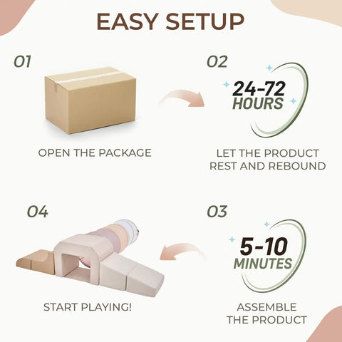 Easy setup steps for Tot Certified Soft Foam Climbing Blocks And Crawl Tunnel Playset for Kiddos with assembly instructions.