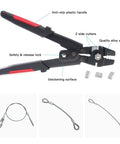 Heavy Duty Wire Rope Crimping Tool Set With 180 Pcs Aluminum Double Barrel Ferrule Sleeves 1.2mm 1.5mm 2mm Pouch Included Crimp Pliers For Fishing Marine And DIY Rigging shown with anti-slip handles and ferrule sleeves