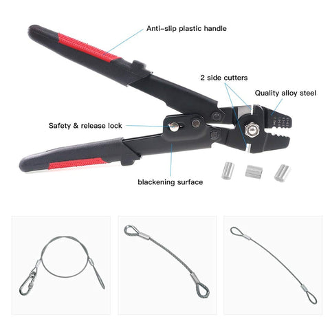 Heavy Duty Wire Rope Crimping Tool Set With 180 Pcs Aluminum Double Barrel Ferrule Sleeves 1.2mm 1.5mm 2mm Pouch Included Crimp Pliers For Fishing Marine And DIY Rigging shown with anti-slip handles and ferrule sleeves
