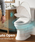 Electric Bidet Seat With Auto Open And Close Lid For Elongated Toilets showing auto opening lid and smart sensing technology.